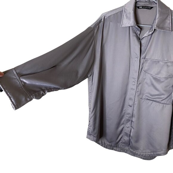 ZARA Satin Effect Snap Front Oversized Shacket Silver Long Sleeve Pocket Shirt S - Picture 3 of 8